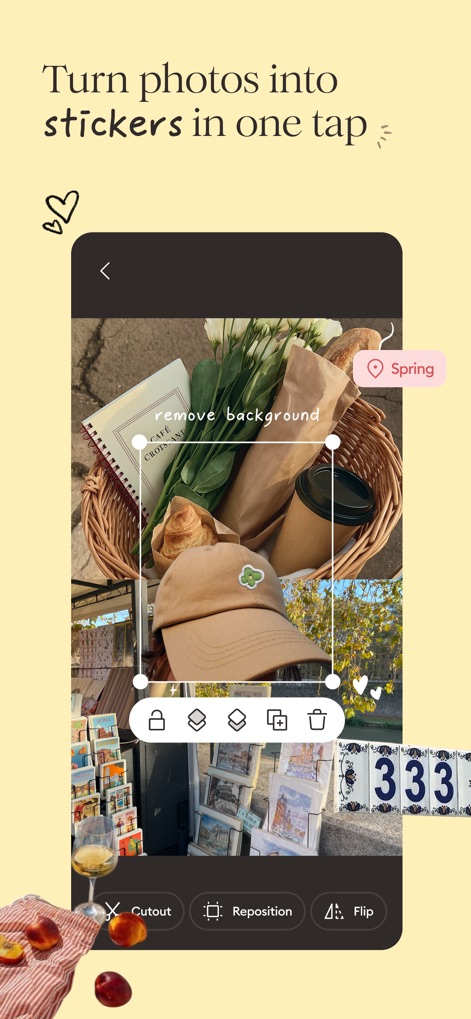 klora - scrapbook collages - Witness the intuitive Cutout Tool in action, effortlessly removing backgrounds to create custom stickers, then precisely repositioning them using dedicated controls.