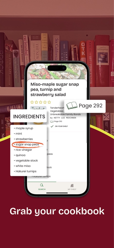 CookShelf: Search Cookbooks - Detailed recipe views highlight key information like ingredients (e.g., 'sugar snap peas') and provide the exact physical page number, bridging the digital search with the tangible cookbook.