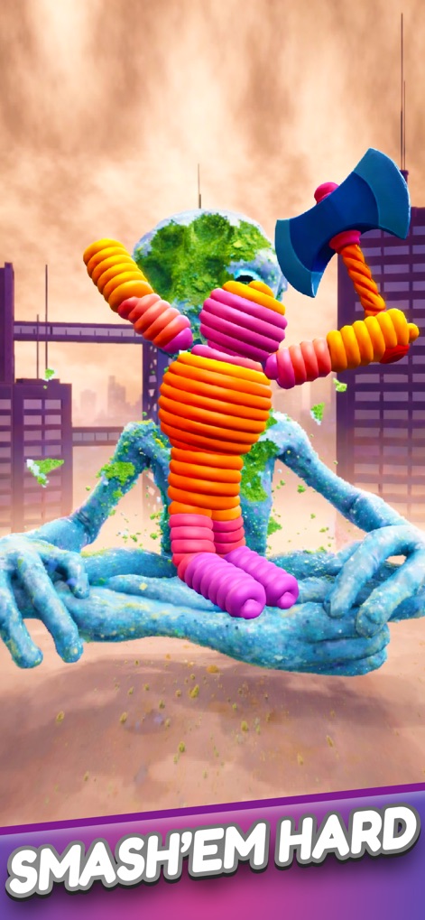 Rope Man: Monster Battle Run - Witness the character's ability to wield powerful weapons, such as an axe, to smash and dismantle colossal, crumbling adversaries.