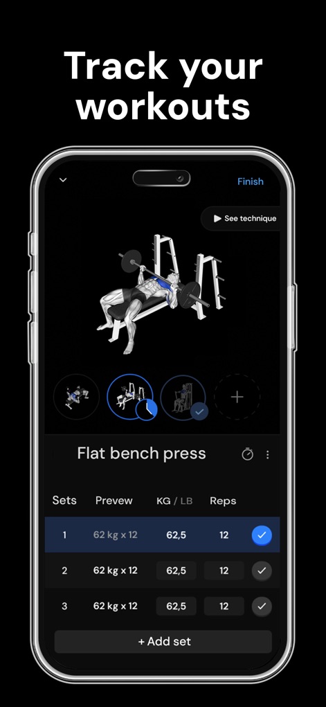 Symmetry: AI Gym Workout Log - Effortlessly log your training sessions with the clean interface, tracking 'Sets' and 'Reps' for exercises like 'Flat bench press' and allowing easy adjustment of weights.