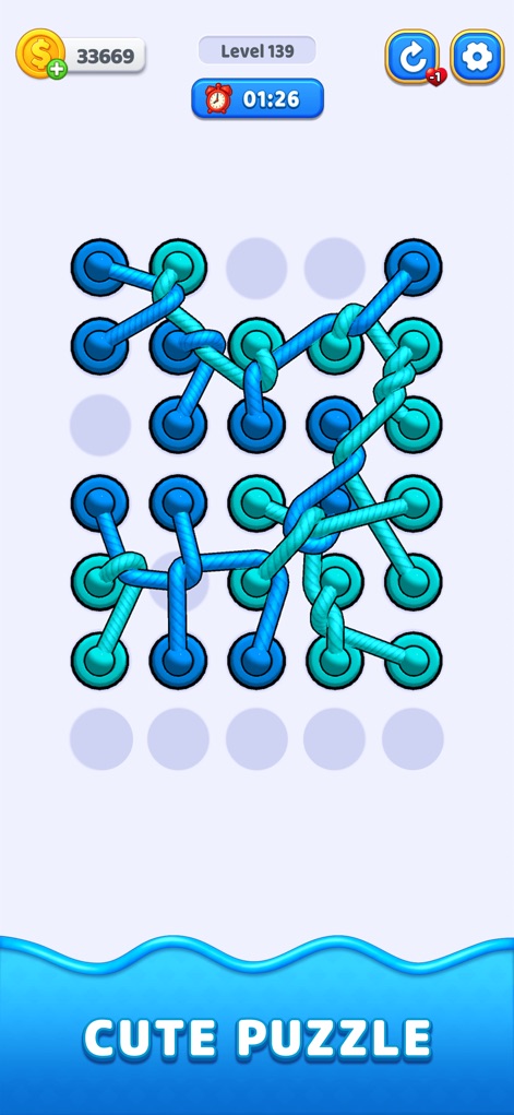 Rope Escape Master - Experience the calming yet engaging gameplay with distinct blue and teal ropes, presented on a slightly modified peg layout for 'Level 139'.