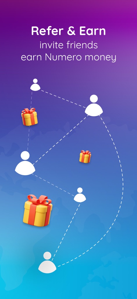 Numero: Data & Virtual Numbers - Nutzer können am „Freunde werben“-Programm teilnehmen und Gutschriften erhalten, was durch die vernetzten Personensymbole und die grafisch dargestellten Geschenkboxen verdeutlicht wird.