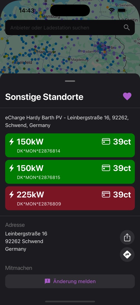 Ad-Hoc Map - Users can access specific charging point details, including individual power outputs (kW) and associated per-kWh costs, along with the exact address.