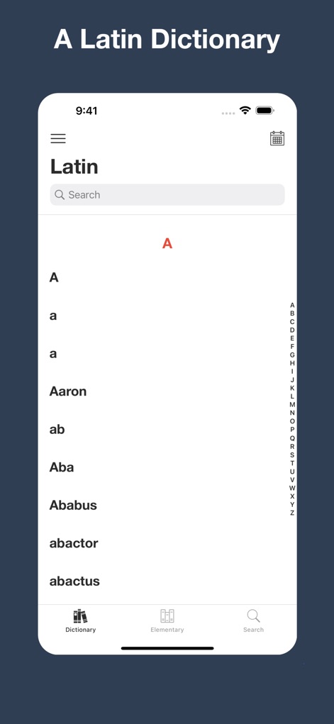Latin Dictionary Lewis & Short - Esta tela inicial apresenta a interface principal do dicionário Lewis & Short, destacando a lista de entradas organizadas alfabeticamente e a barra de busca 'Search' para acesso rápido a termos.