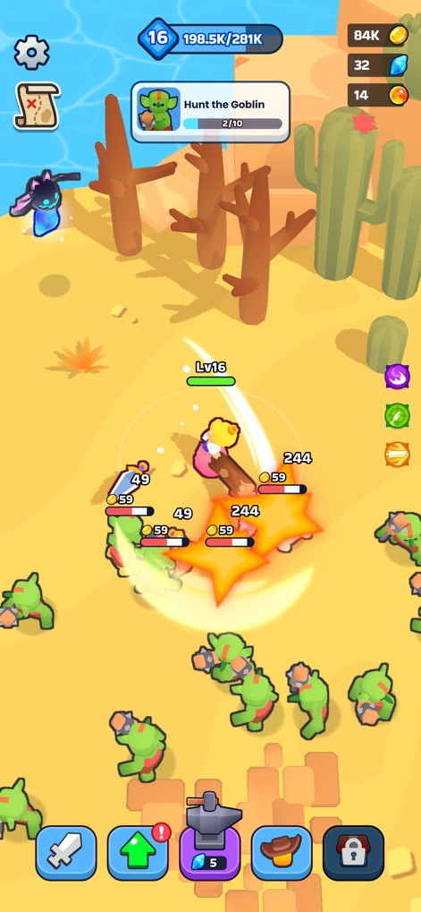 XP Hero - The app presents varied combat environments, showcasing the hero battling goblins in a distinctive desert landscape with an active quest tracker.