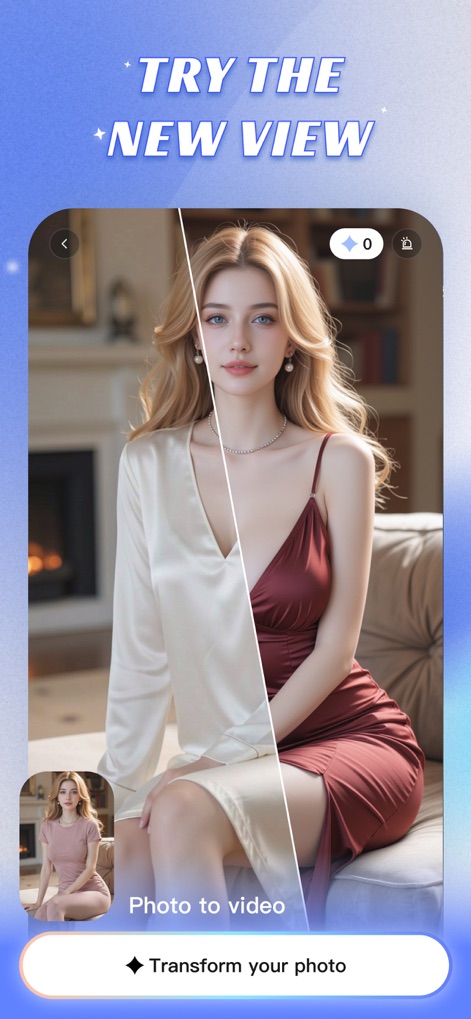 Monkey AI Video Generator - Observe the app's instant outfit swap, vividly illustrated by the split-screen comparison and activated through the 'Transform your photo' button.