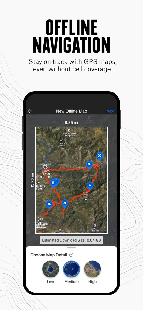 onX Backcountry: Trail GPS App - This tool enables users to download specific map areas for offline use, with customizable detail levels from 'Low' to 'High'.