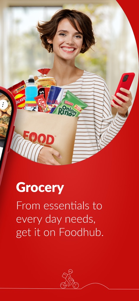 Foodhub - Online Takeaways - Users can access daily necessities through the 'Grocery' feature, depicted by a paper bag filled with various grocery items, extending beyond just meals.