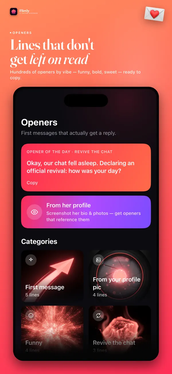 Flirtly AI opener library sorted by vibe