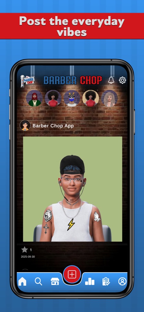 Barber Chop 2 - Die App integriert eine soziale Feed-Funktion, die es ermöglicht, eigene Kreationen zu posten und mit der Community zu interagieren, komplett mit einem Like-Button und einem Veröffentlichungsdatum.