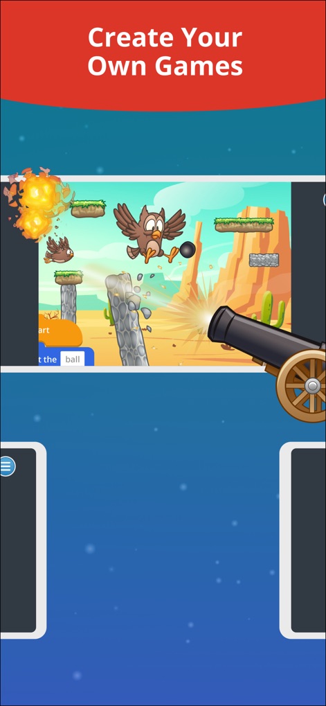 Tynker: Coding for Kids - Cet outil permet de créer des jeux personnalisés en intégrant des éléments interactifs tels qu'un canon tirant des projectiles et des personnages animés comme le hibou, favorisant l'expression créative.