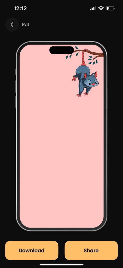 iland - 4K Wallpapers - The app highlights engaging wallpapers like the "Rat" design that playfully interact with the Dynamic Island, offering direct "Download" and "Share" functionalities.