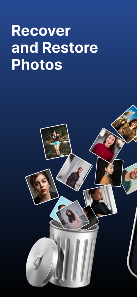 Photo Recovery : Deleted Photo - See how the app visually represents photo recovery with a stylized trash can icon and photos flying out to illustrate retrieval.