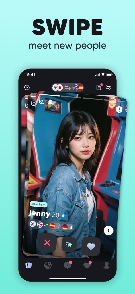 Moji – Korea & Japan Friends - This tool simplifies discovery with a dynamic card stack for profiles and prominent action buttons for easy interaction.
