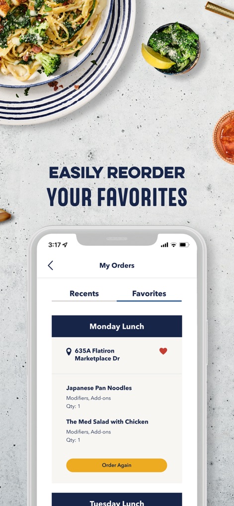 Noodles and Company - The app enhances convenience with its dedicated 'Favorites' tab, enabling users to swiftly access and repeat past orders with an 'Order Again' button.