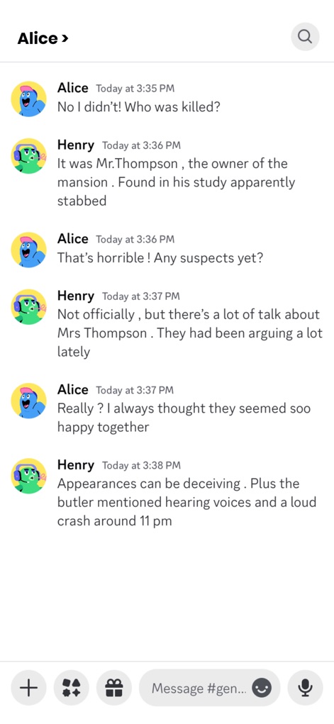 Text Yourself－Chat Story Maker - Users can immerse themselves in thrilling mystery narratives, characterized by unique cartoon avatars and flexible chat bubble designs for distinct character voices.