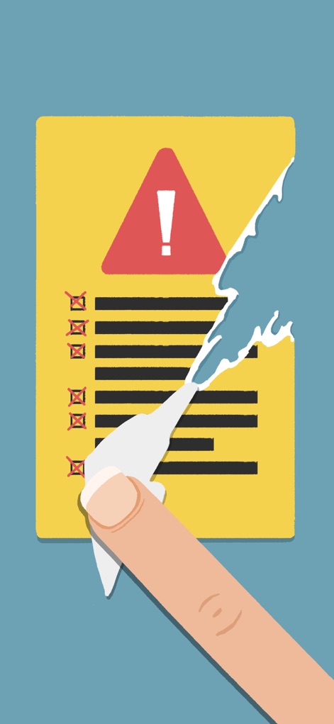 Satisgame - Este visual mostra uma mão descascando um papel com um alerta de exclamação, enfatizando a satisfação de desvendar e a textura rasgada do material.