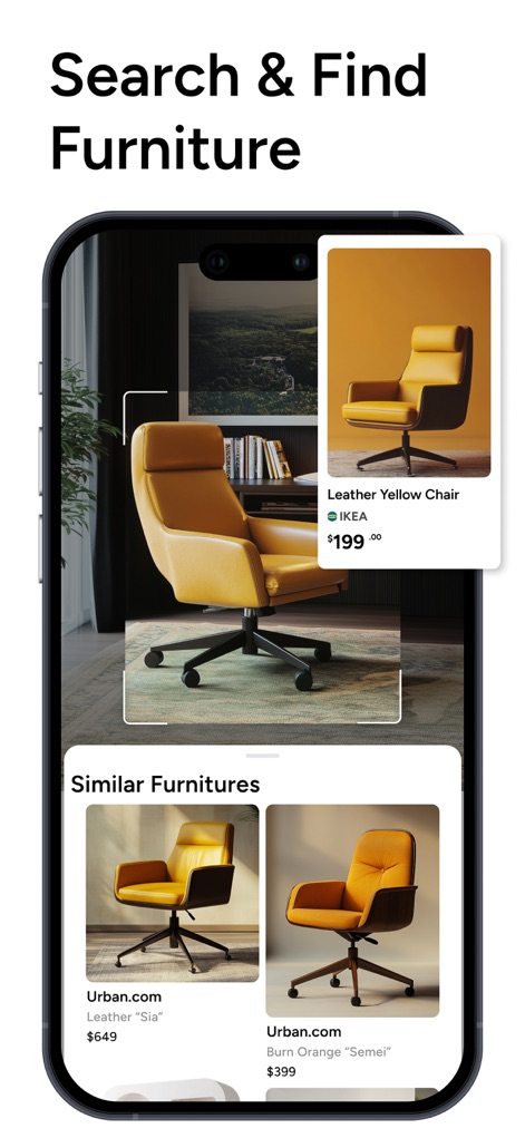 Arch - AI Home Design - Os usuários podem pesquisar e identificar móveis específicos, como a cadeira de escritório amarela, e descobrir opções semelhantes em diferentes lojas como IKEA e Urban.com.