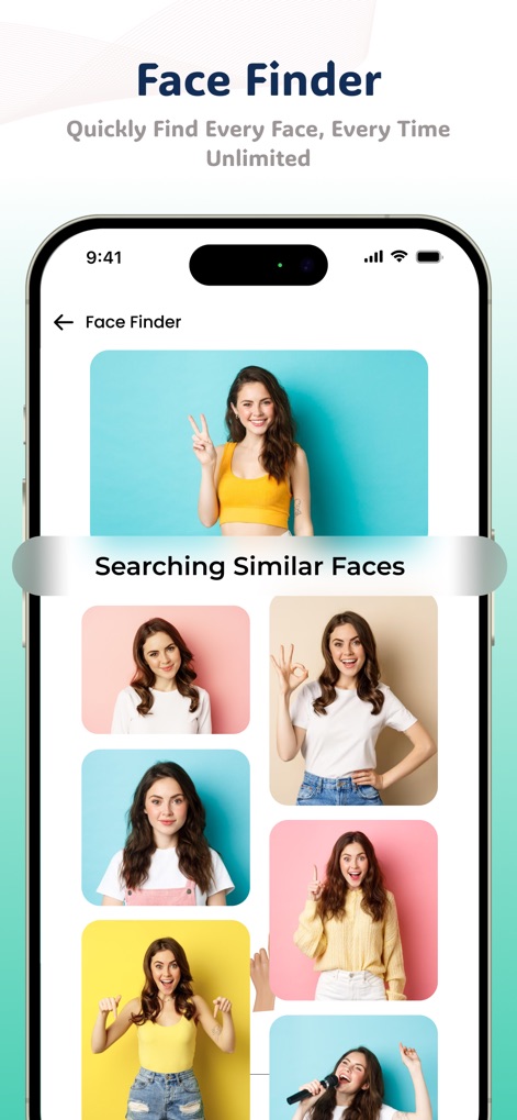 OKEN Scanner - PDF Scanner - Localisez rapidement des visages similaires au sein de votre collection, avec des résultats présentés dans une grille claire de 'Searching Similar Faces', et explorez la détection de plusieurs expressions faciales.