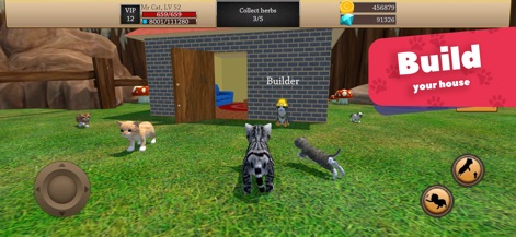 Cat Simulator 3D - Animal Life - This screenshot reveals the robust house building system and the presence of multiple adorable kittens participating in the domestic scene.