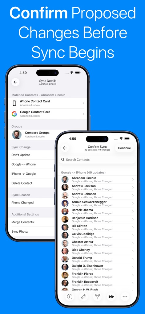 Contacts Sync: Google & More - La aplicación ofrece la posibilidad de 'Confirm Proposed Changes Before Sync Begins', mostrando una pantalla de 'Sync Details' para un contacto específico y una lista de '49 contacts, 49 changes' pendientes de confirmación.