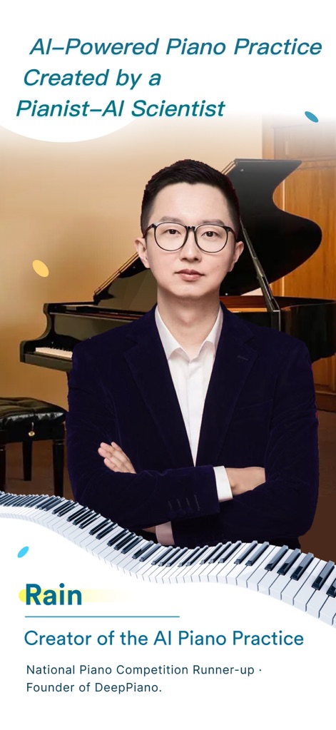 DeepPiano - Sheet Music & AI - This image highlights Xia Yu, the National Piano Competition Silver Medalist, and his groundbreaking vision for AI-powered piano practice.