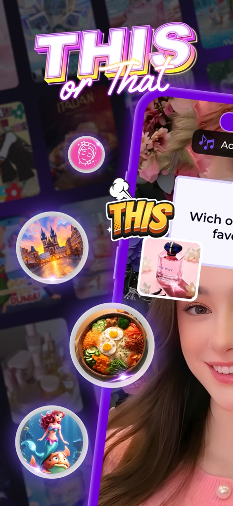 This or That: Funny Filter - The app presents engaging 'This or That' choices with interactive options like perfumes and scenic cityscapes, encouraging playful decision-making.