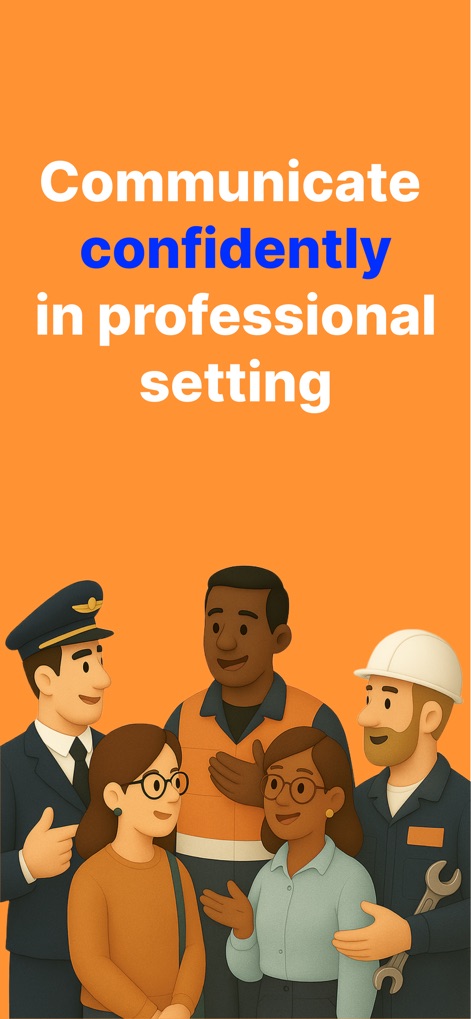 PeakTalk: Job-specific English - Esta imagem ilustra a vasta gama de profissionais que se beneficiam do aplicativo, destacando a representação de um piloto e um trabalhador da construção, simbolizando a amplitude de setores atendidos.