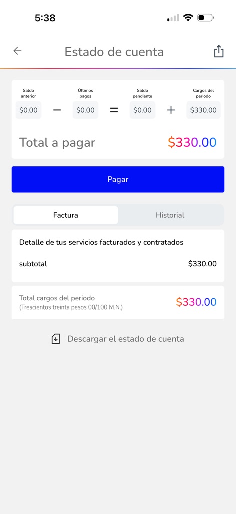 Mi App Sky - This screen presents a detailed balance breakdown including charges and previous payments, with an option to easily download the account statement.