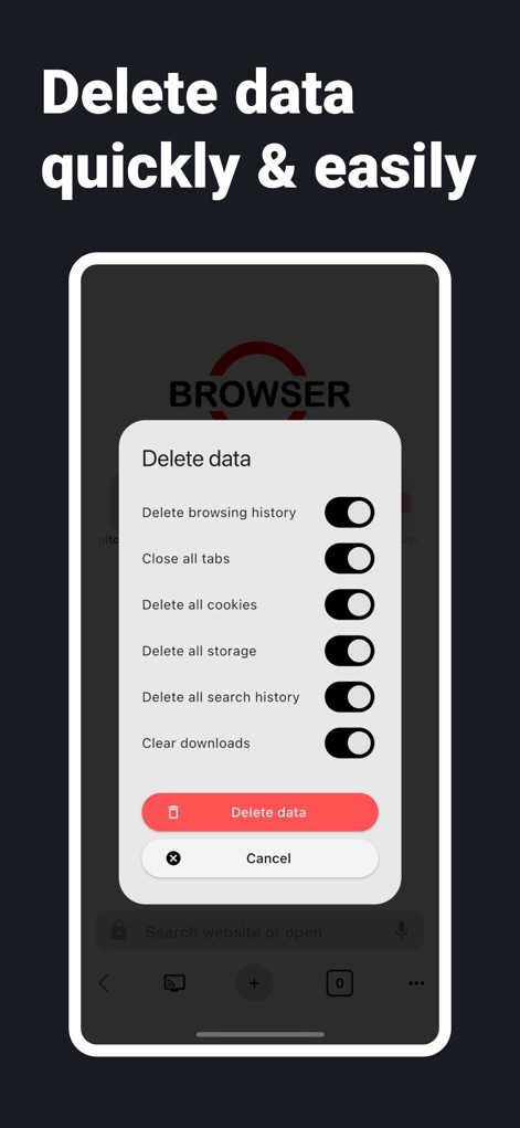 BROWSER with TV Remote - Examine the app's straightforward data management tools, presenting a 'Delete data' dialog with multiple toggle options and a prominent 'Delete data' confirmation button.