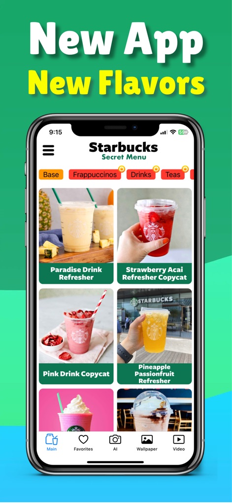 Starbucks secret menu! - 이 화면은 'New App New Flavors'라는 문구와 함께 파라다이스 드링크 리프레셔와 같은 새로운 음료 레시피의 그리드 뷰를 통해 사용자의 호기심을 자극합니다.