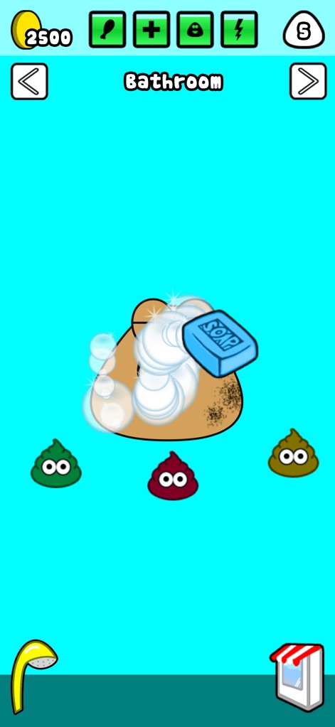 Pou - Explore the bathroom area where Pou gets cleaned with soap and bubbles, and users manage hygiene, accessing the shower and a shop for more supplies.