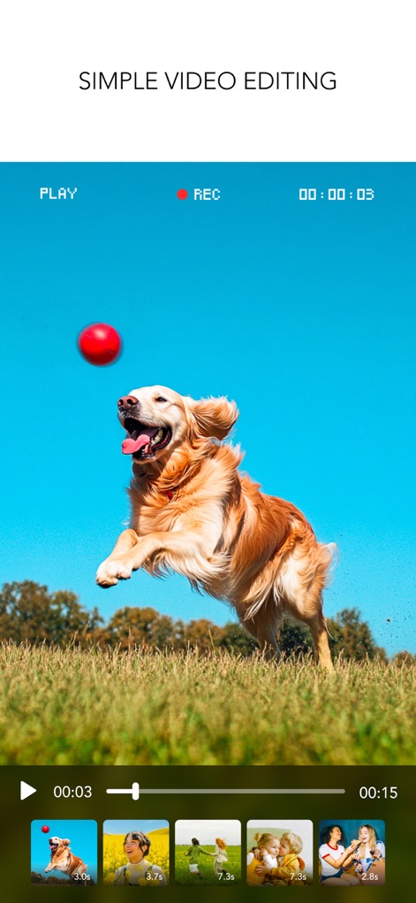 MOLDIV Photo Editor, Collage - Dieses Tool bietet eine benutzerfreundliche Videobearbeitungsoberfläche, die durch klare Abspiel- und Aufnahmeindikatoren sowie Clip-Vorschauen in der Zeitleiste eine schnelle und effiziente Gestaltung ermöglicht.