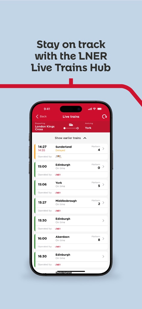 LNER | Train Times & Tickets - O aplicativo oferece um hub de trens ao vivo, permitindo que os usuários visualizem o status de várias rotas, incluindo o horário e o número da 'Platform'.