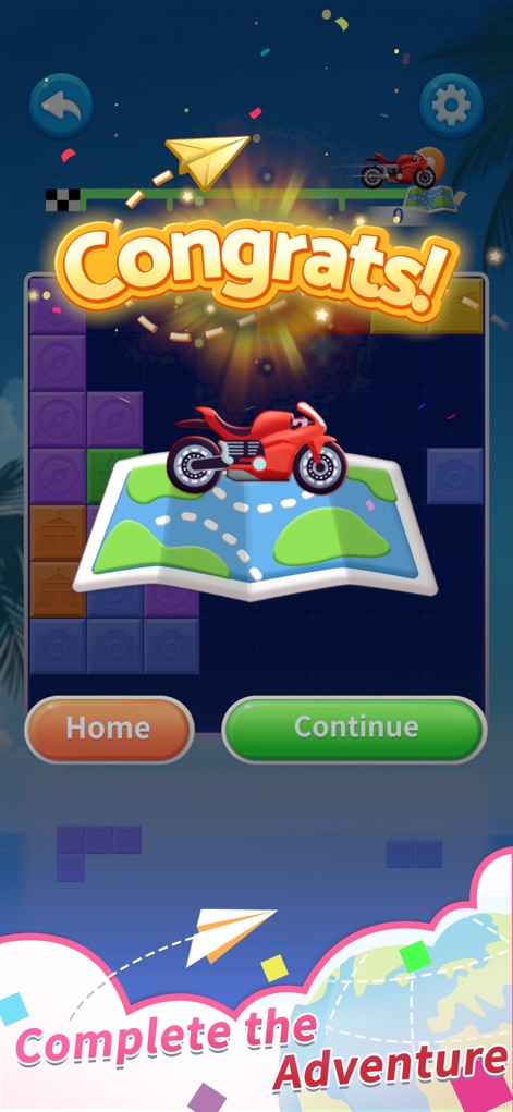 Block Odyssey - Upon level completion, users are greeted with an encouraging "Congrats!" message and intuitive navigation buttons to either continue their journey or return home.