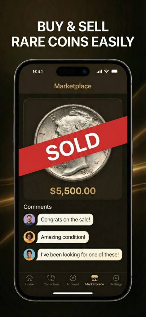 CoinOn - coin value identifier - Esta herramienta facilita las transacciones de monedas raras, mostrando una venta exitosa de un "Mercury Dime" por "$5,500.00" y comentarios de la comunidad.