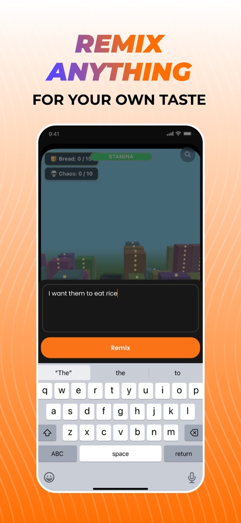 Rezona: AI Game Maker - The app demonstrates its robust remixing capabilities with an in-game text input field for custom directives and a prominent 'Remix' button, allowing personalized game modifications.