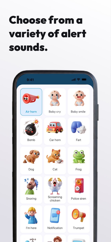 ClapSeek: Find phone by clap - The app offers a wide variety of alert sounds, from a playful 'Baby cry' to a distinct 'Air horn', allowing users to personalize their phone's response within a clean interface.