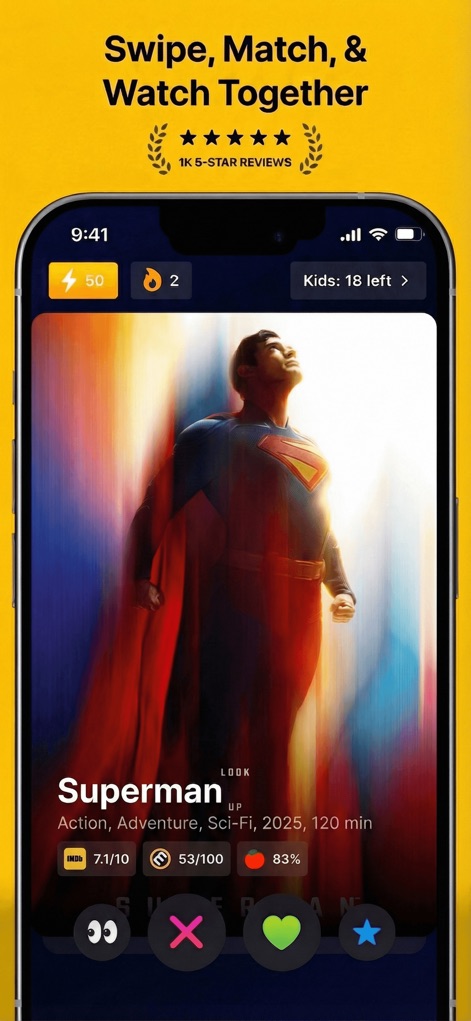 Movie Night: Film & TV Picker - The app presents dynamic movie cards with key information, showcasing critical ratings and genre tags for swift decision-making.