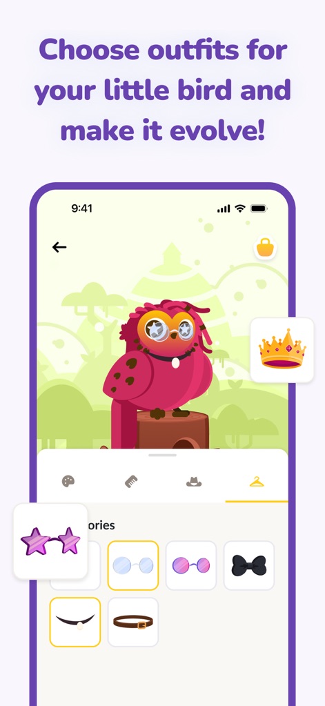 LovBirdz - Couple Love Quiz - ユーザーは、独自のアクセサリー選択画面とカラフルなアバター「Chirpy」を通じて、アプリ体験をパーソナライズできます。