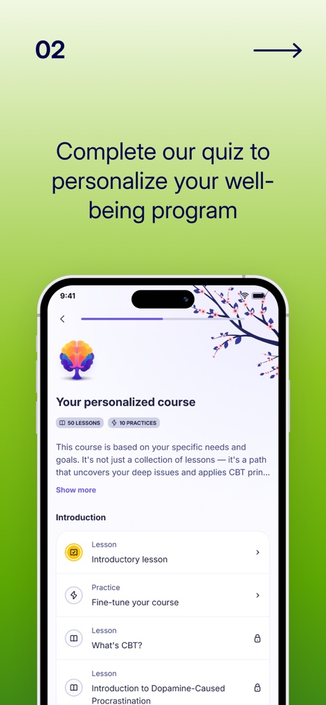 Liven: Discover yourself - The app initiates a tailored experience, showing a structured course with a breakdown of '50 LESSONS' and '10 PRACTICES', along with a detailed list of individual lessons and practices.