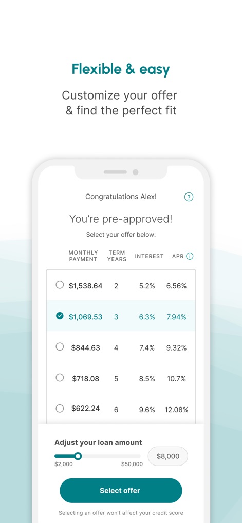 Prosper: Personal Loans - Nach der Vorabgenehmigung können Nutzer ihr Kreditangebot personalisieren, indem sie verschiedene Laufzeiten mit Monatsraten vergleichen und den Kreditbetrag flexibel über den Schieberegler anpassen.