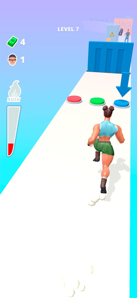 Muscle Rush - Destruction Run - The app features a range of character options, including a muscular female runner, engaging with interactive colored buttons on the course.
