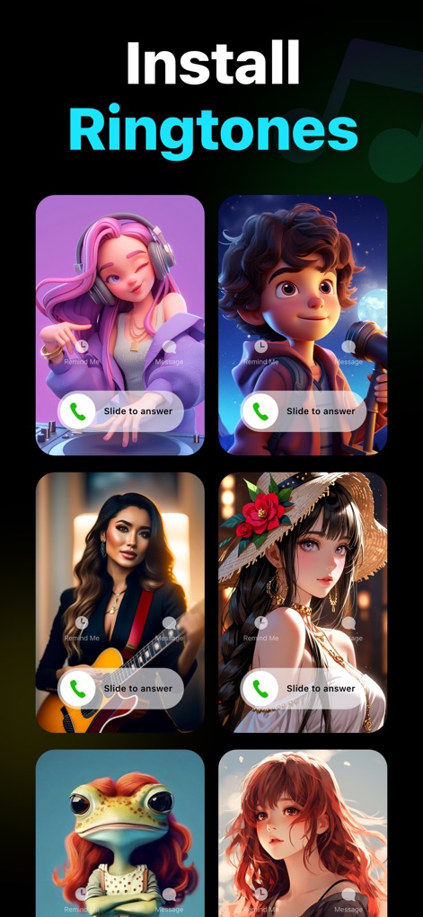 Ringtone Maker Garage - Users can preview personalized call screens with unique avatar visuals and the intuitive 'Slide to answer' interface.