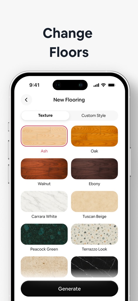 AI Home Decor-Interior Design - Users can effortlessly browse a wide range of flooring materials, from 'Ash' wood to 'Terrazzo Look' tiles, using intuitive 'Texture' and 'Custom Style' options.