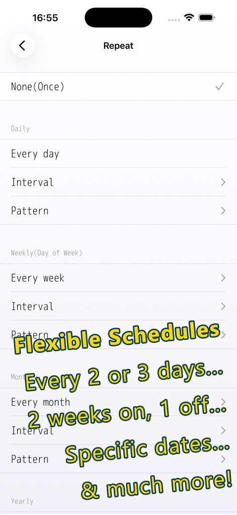 Alarm & Timer - La aplicación ofrece una programación avanzada con opciones de repetición por intervalos, como "cada 2 o 3 días", y la posibilidad de definir patrones personalizados.