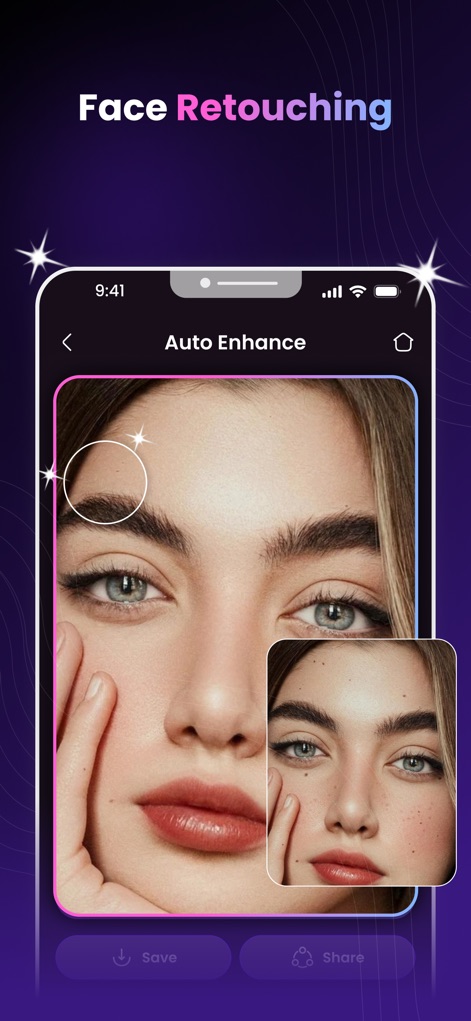 AgeLapse – Face Age Changer - The "Face Retouching" feature empowers users to refine their portraits, offering options to smooth skin and adjust tones, visible in the "close-up facial enhancement" and the "before/after inset".