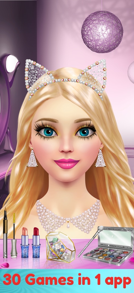 Dress Up & Makeup Girl Games - O aplicativo oferece uma variedade de 30 jogos em 1, com opções de maquiagem e um adorável acessório de cabeça de orelhas de gato.