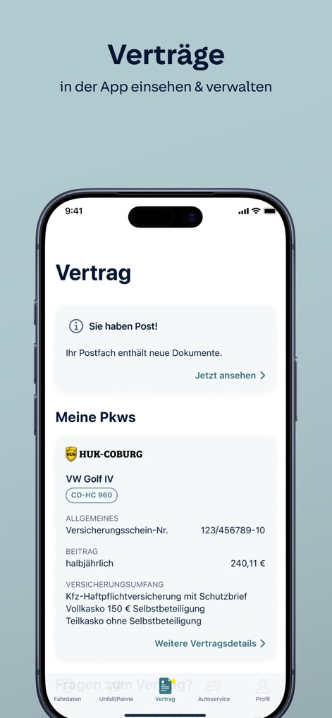 HUK Mein Auto - View essential vehicle details and comprehensive insurance contract information, including coverage specifics and contribution amounts.