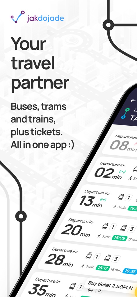 Jakdojade - Timetables - This tool displays real-time departure countdowns for various transport types and integrates direct ticket purchasing for optimal convenience.